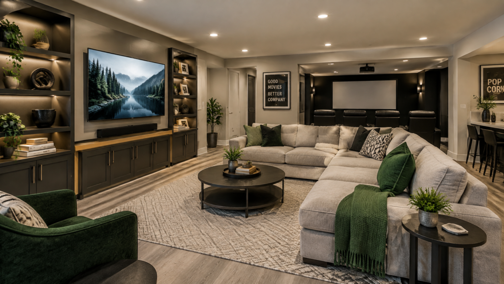 Finished basement living space with modern lighting