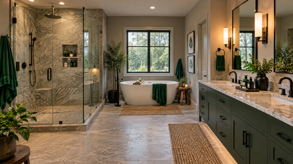 Luxury remodeled bathroom with custom tile shower and vanity