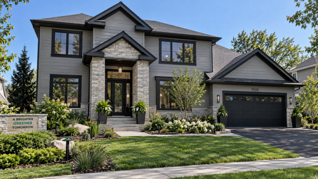 Renovated home exterior with new siding, roofing and windows